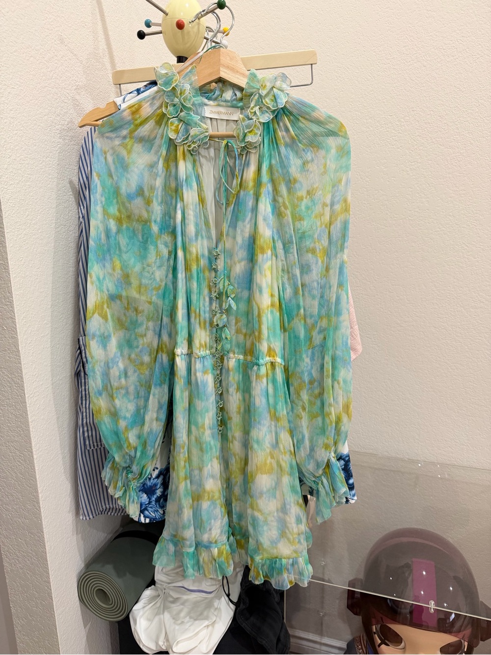Zimmermann Silk Floral Ruffle Tunic Dress in Aqua & Yellow Size au 2